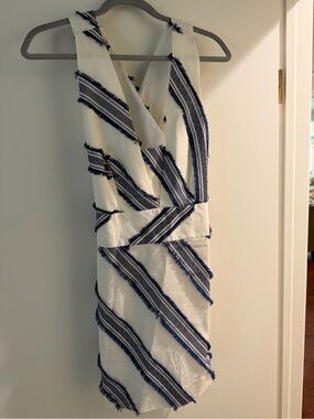 MILLY White Sleeveless V-Neck  Dress with Navy Striped Fringed Trim